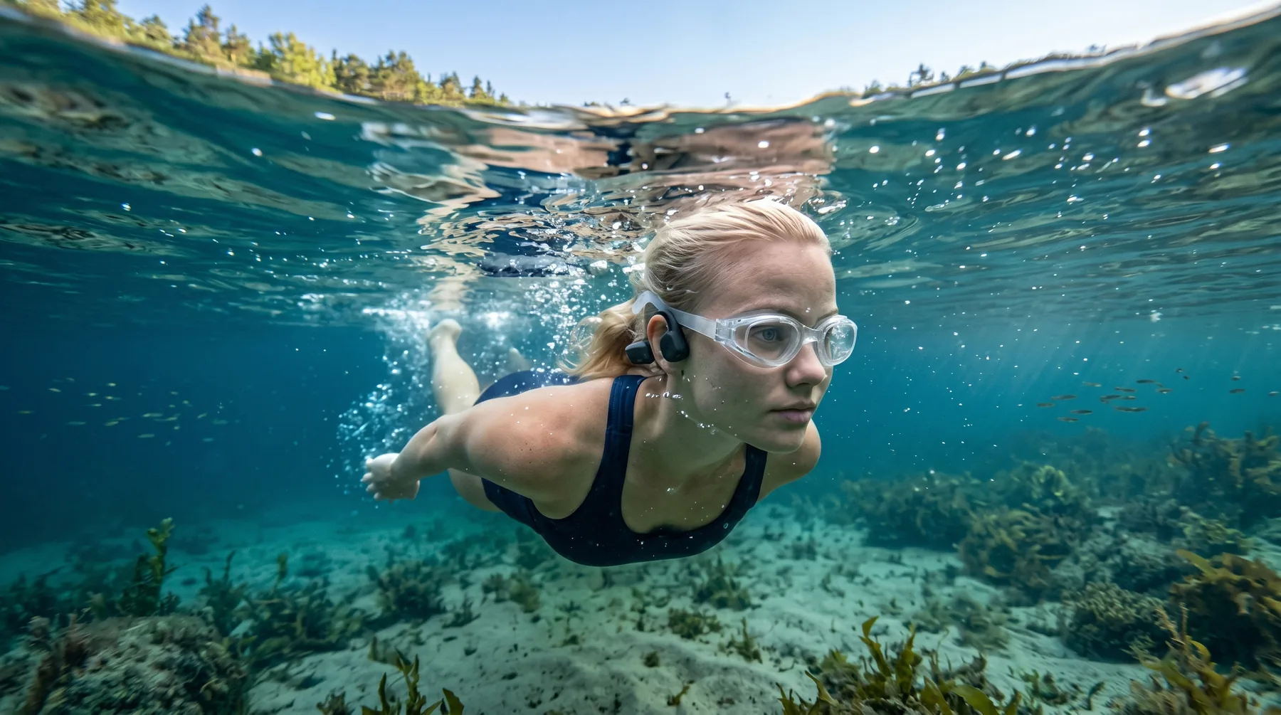 Uimari käyttää Swim 10 -kuulokkeita veden alla
